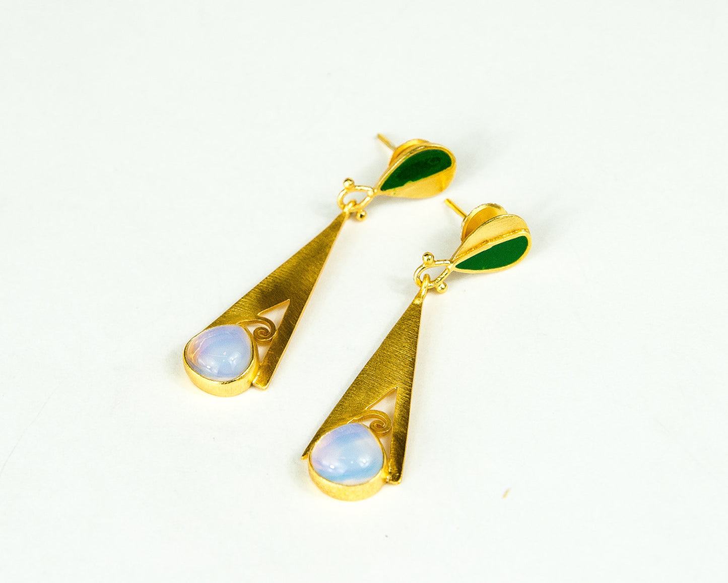 GREEN ENAMEL AND MILKY STONE DROPS