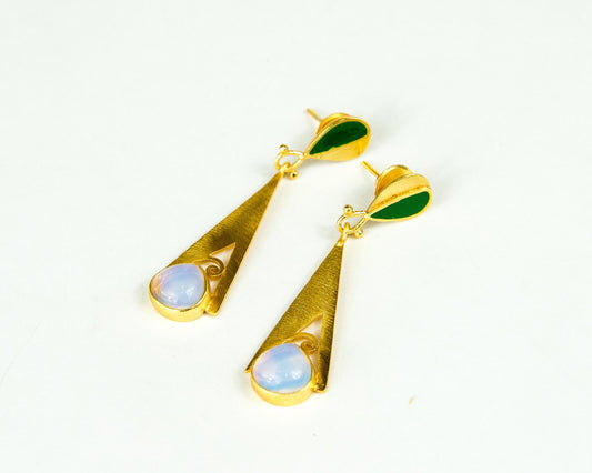 GREEN ENAMEL AND MILKY STONE DROPS