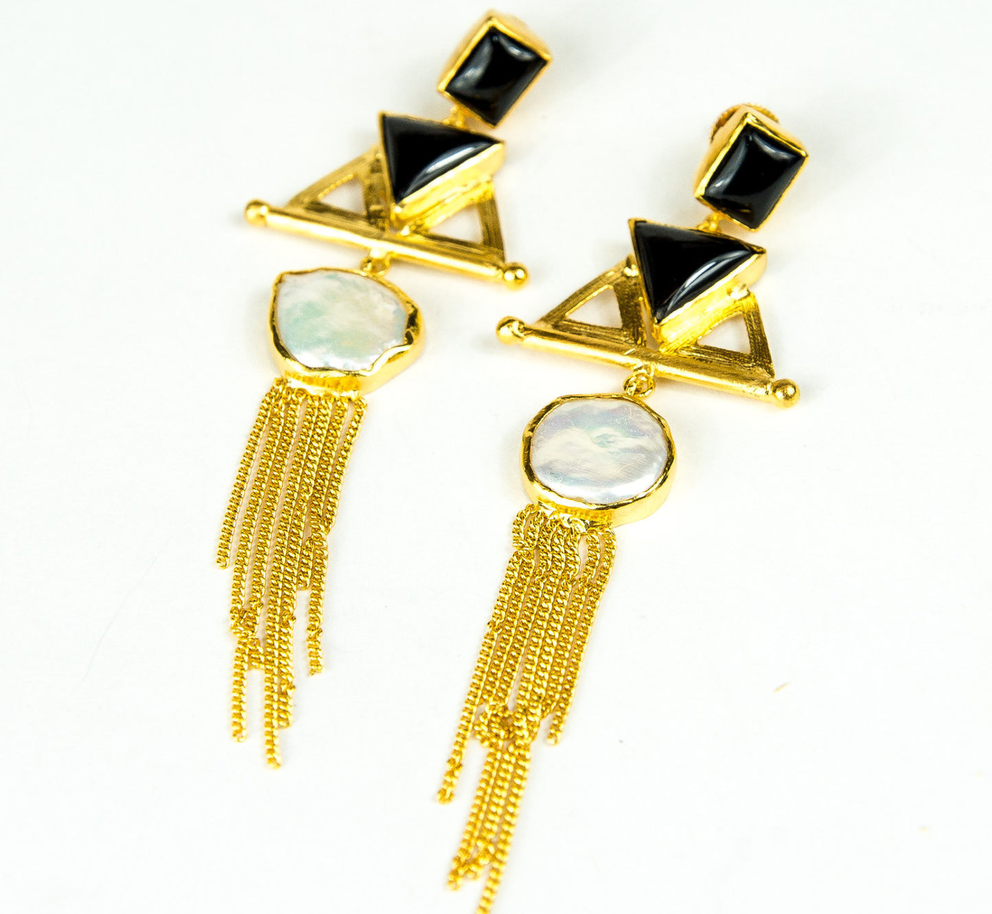 JET ONYX MOTHER OF PEARL TASSLE EARRINGS