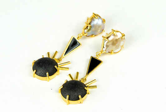 LUNA MOTHER OF PEARL ONYX AND WOOD EARRINGS